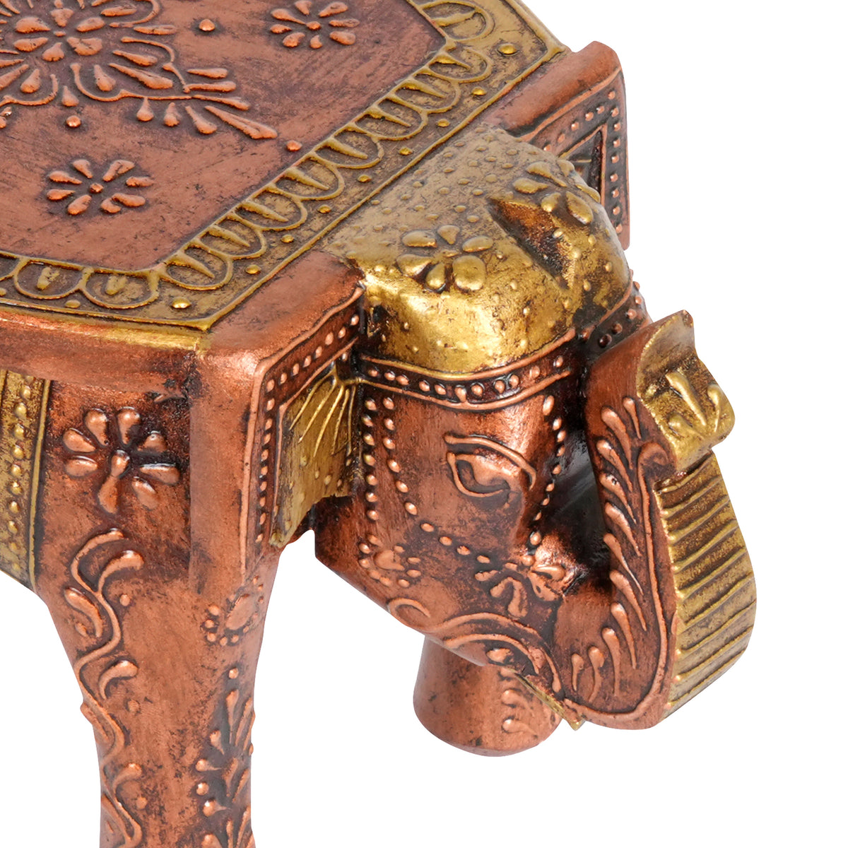 Handcrafted Elephant Stool – Rajasthani Design with Gold and Brown Finish