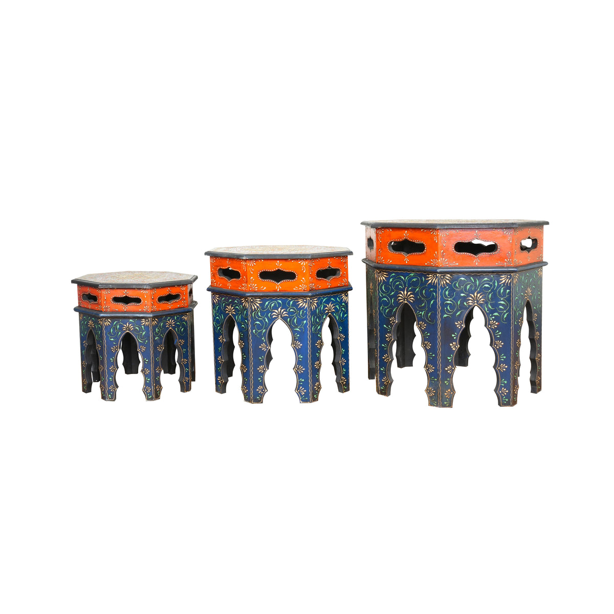 Handcrafted Wooden Nesting Tables with Intricate Rajasthani Tile Designs