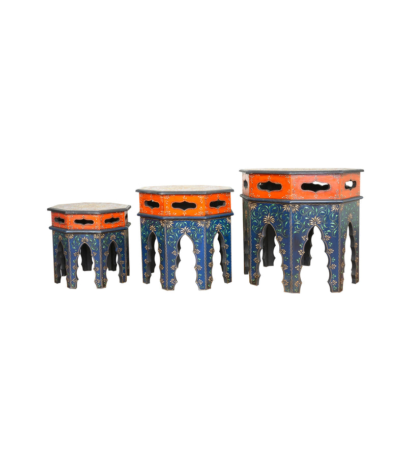 Handcrafted Wooden Nesting Tables with Intricate Rajasthani Tile Designs