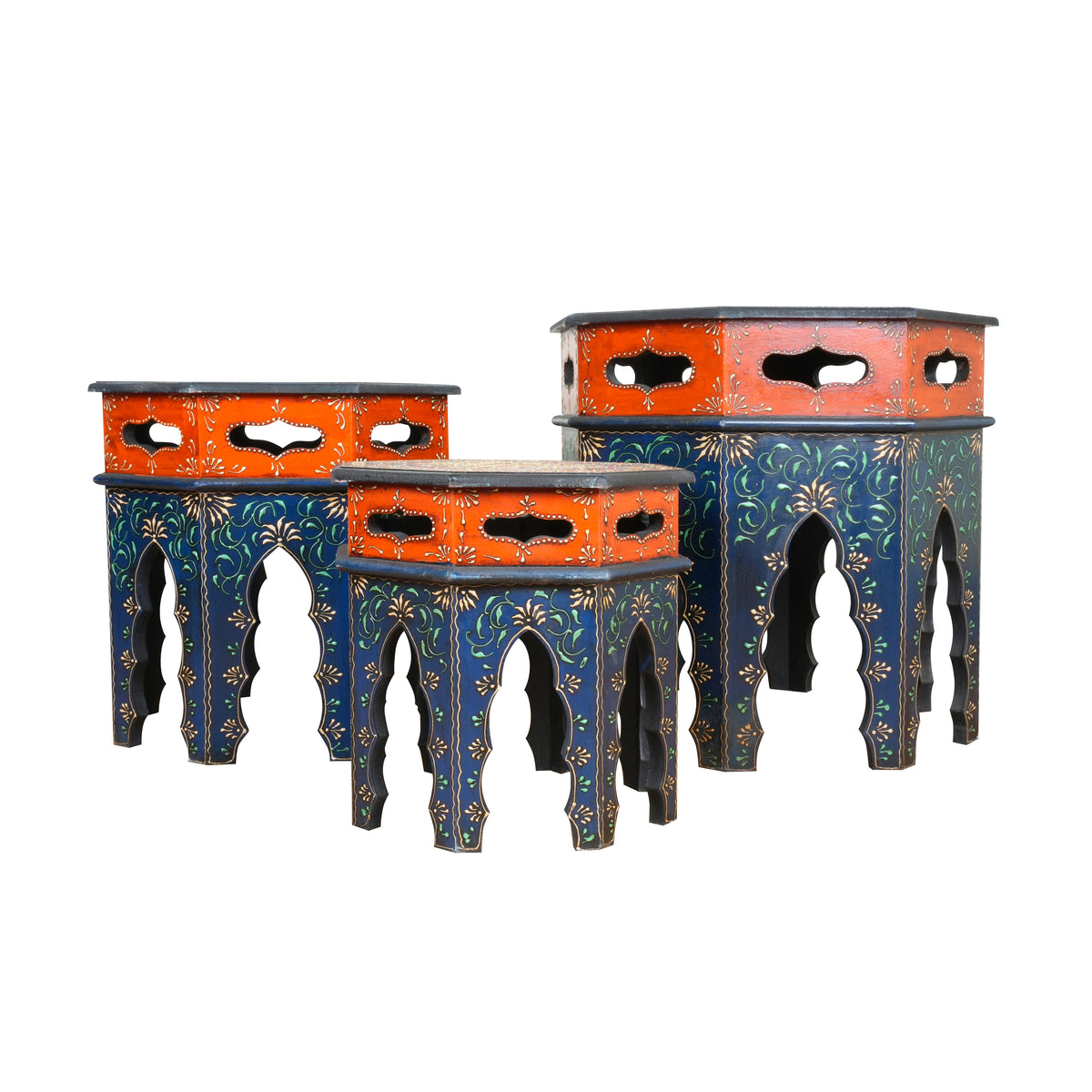 Handcrafted Wooden Nesting Tables with Intricate Rajasthani Tile Designs