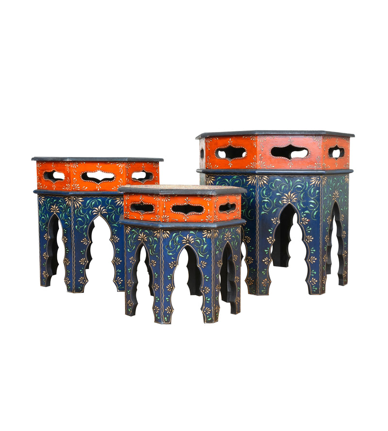 Handcrafted Wooden Nesting Tables with Intricate Rajasthani Tile Designs