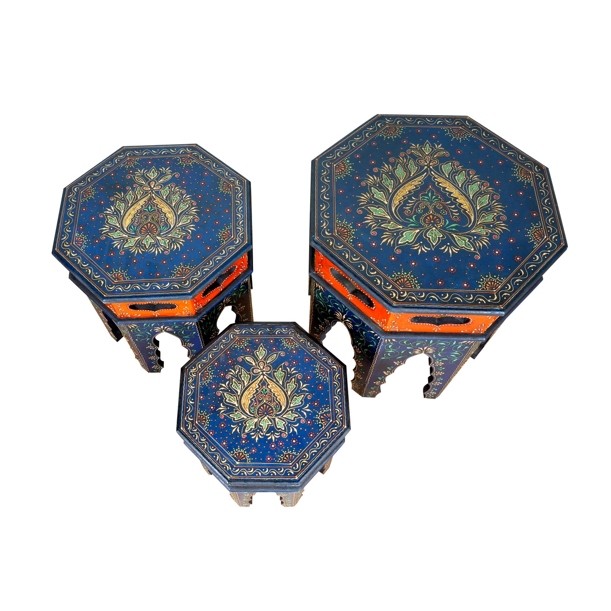 Handcrafted Wooden Nesting Tables with Intricate Rajasthani Tile Designs