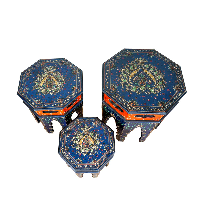 Handcrafted Wooden Nesting Tables with Intricate Rajasthani Tile Designs