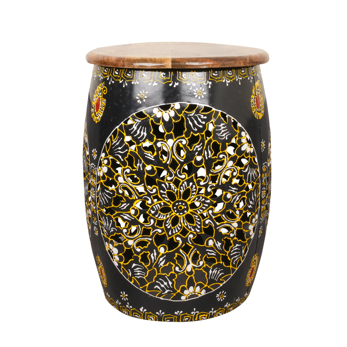 Handpainted Decorative Wooden Stool with Intricate Carvings
