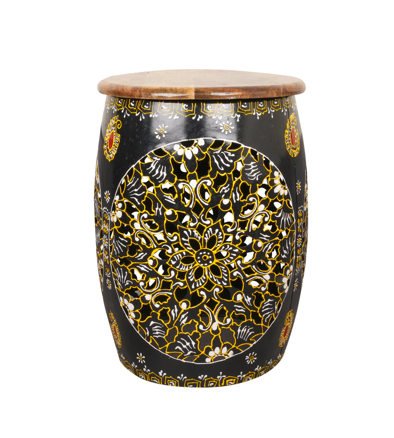Handpainted Decorative Wooden Stool with Intricate Carvings