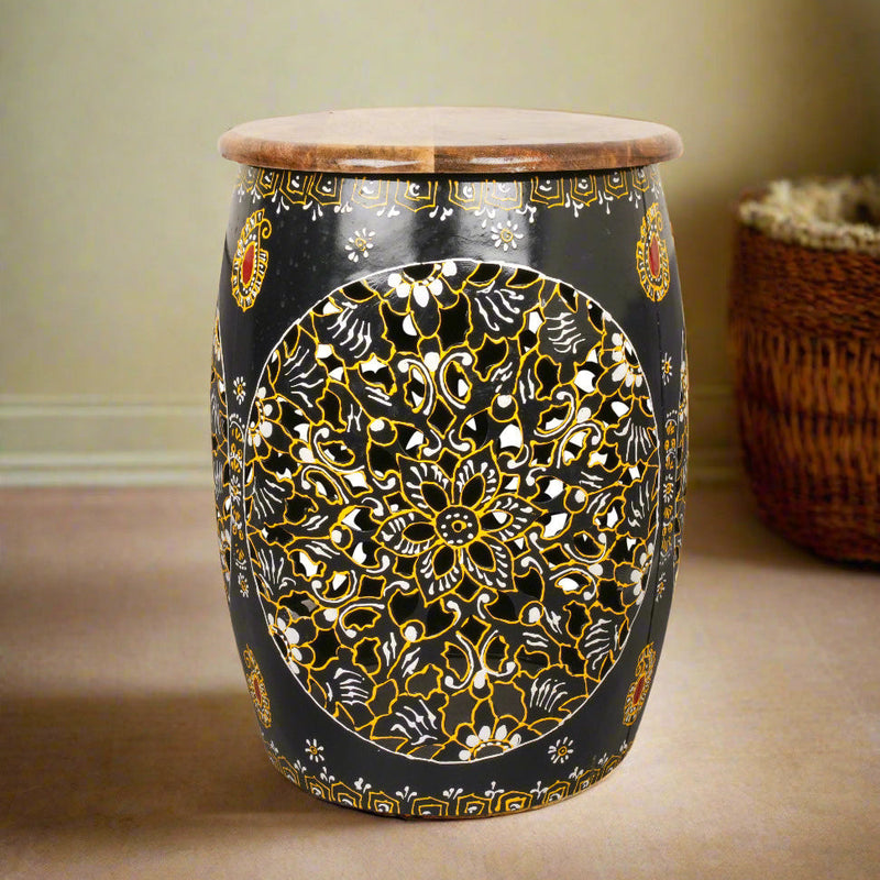Handpainted Decorative Wooden Stool with Intricate Carvings