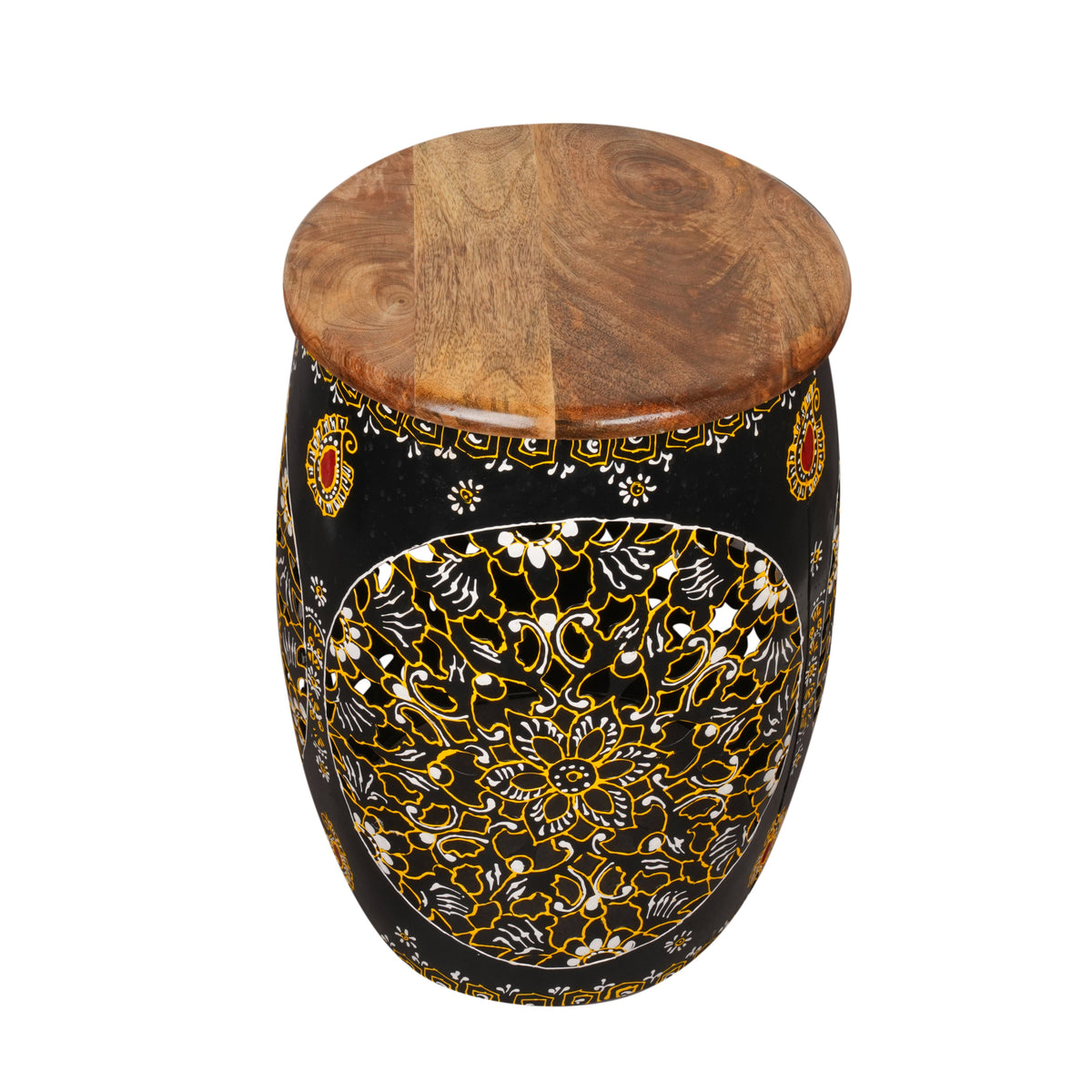 Handpainted Decorative Wooden Stool with Intricate Carvings