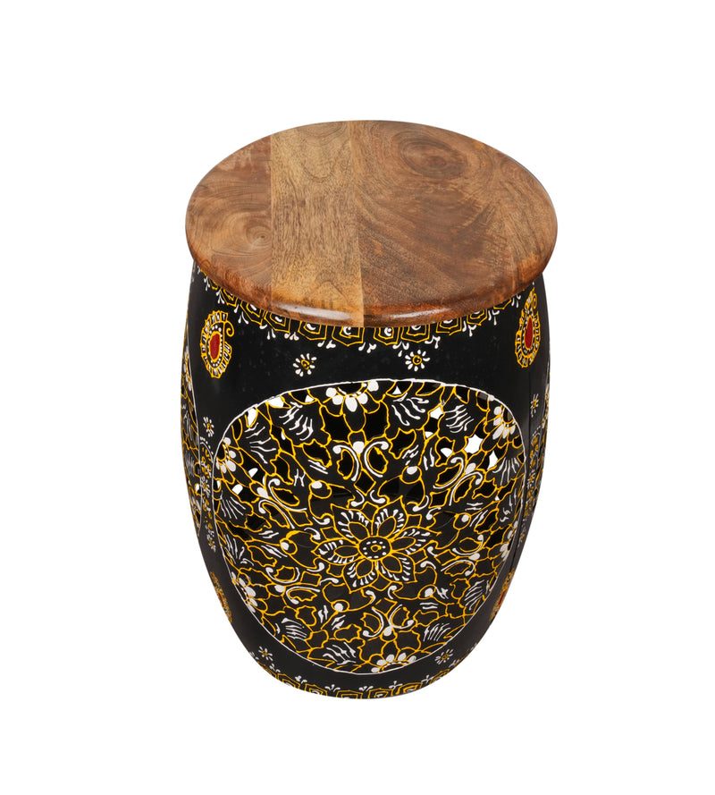 Handpainted Decorative Wooden Stool with Intricate Carvings