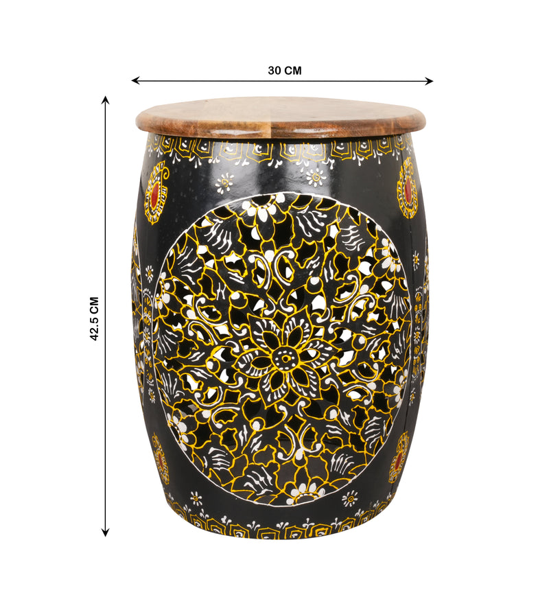 Handpainted Decorative Wooden Stool with Intricate Carvings