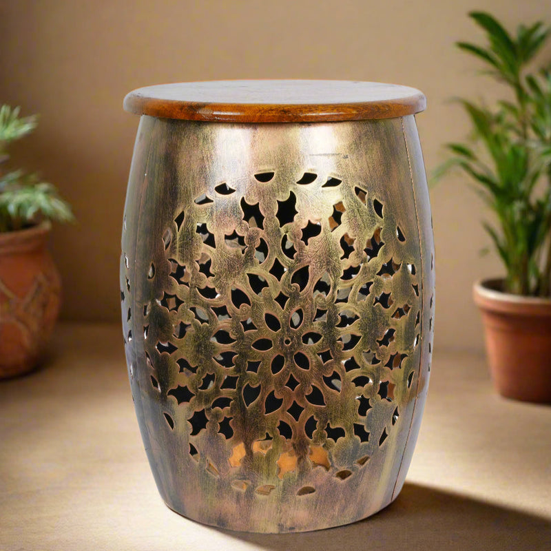 Handcrafted Metal Stool with Wooden Top – Intricate Rajasthani Design