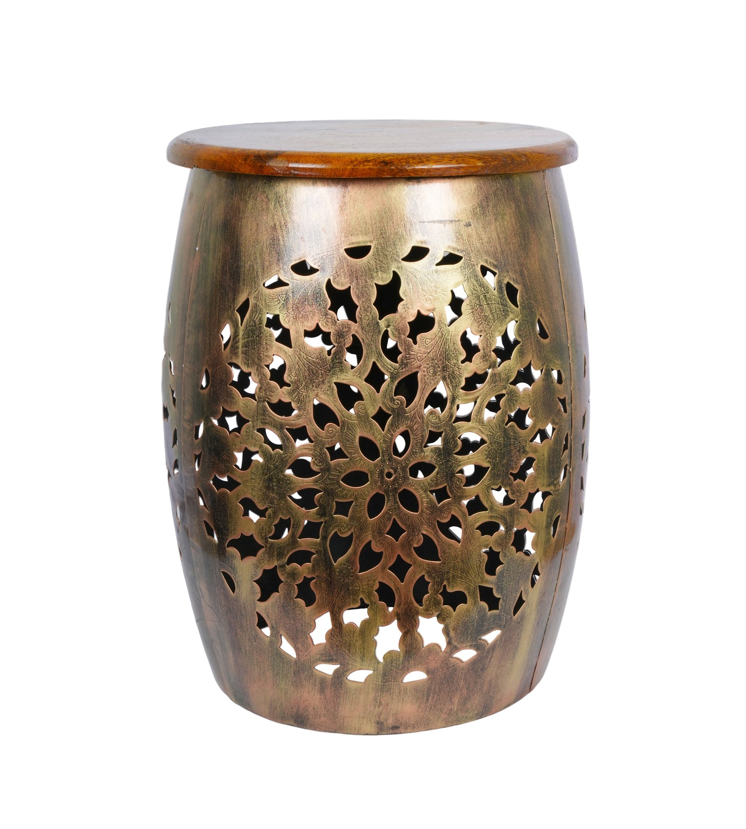 Handcrafted Metal Stool with Wooden Top – Intricate Rajasthani Design