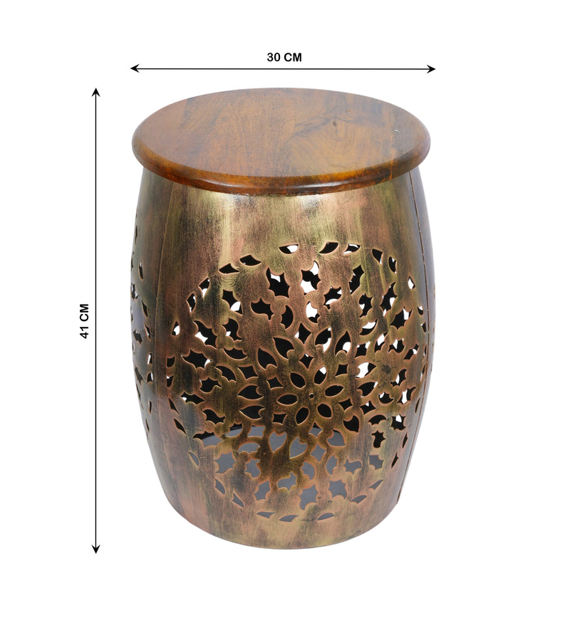 Handcrafted Metal Stool with Wooden Top – Intricate Rajasthani Design