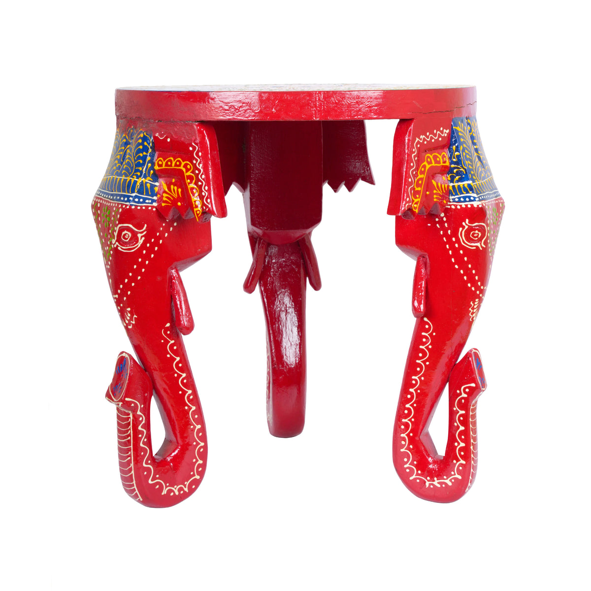 Handcrafted Wooden Elephant Stool with Vibrant Painted Top