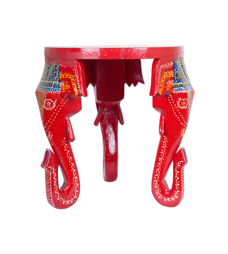 Handcrafted Wooden Elephant Stool with Vibrant Painted Top