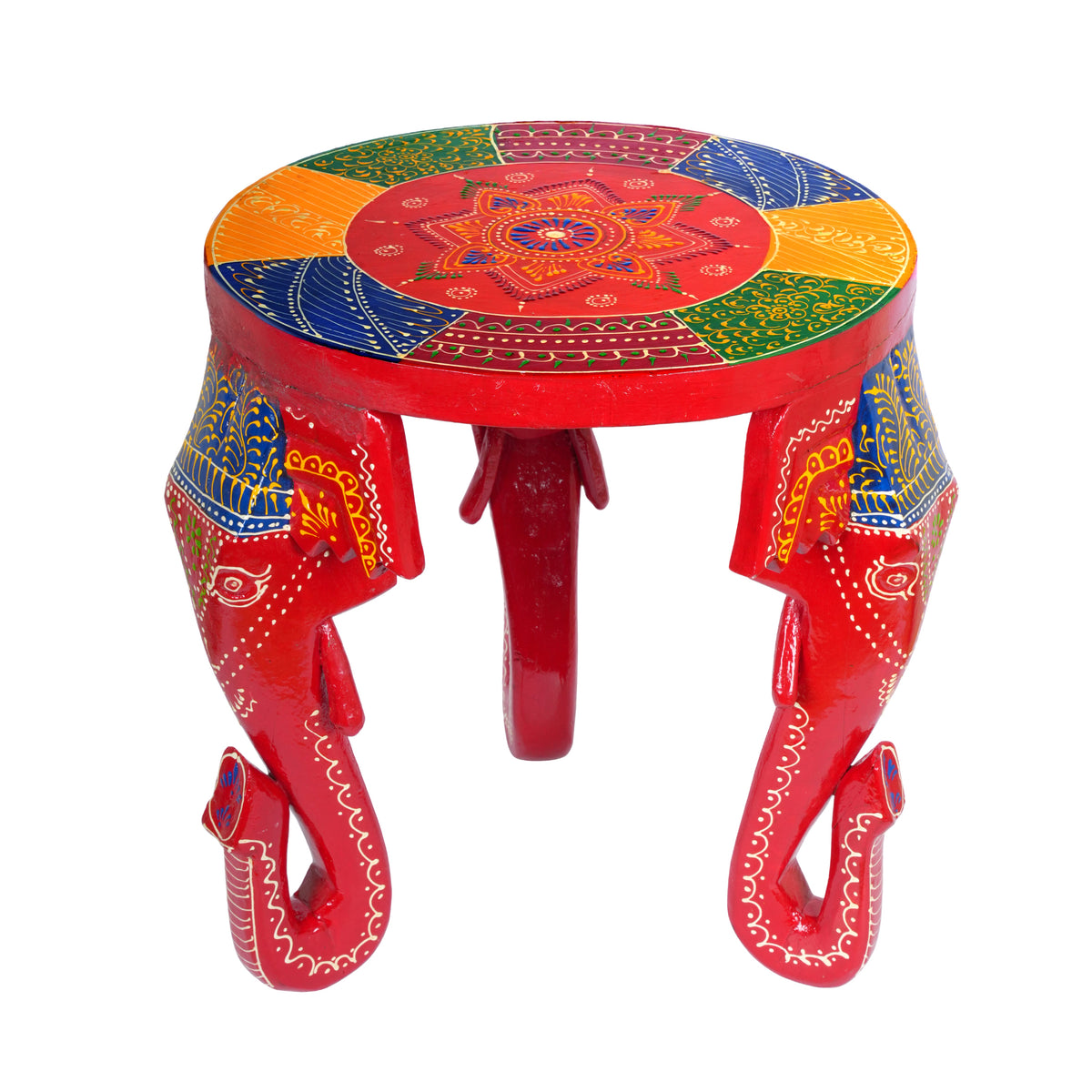 Handcrafted Wooden Elephant Stool with Vibrant Painted Top
