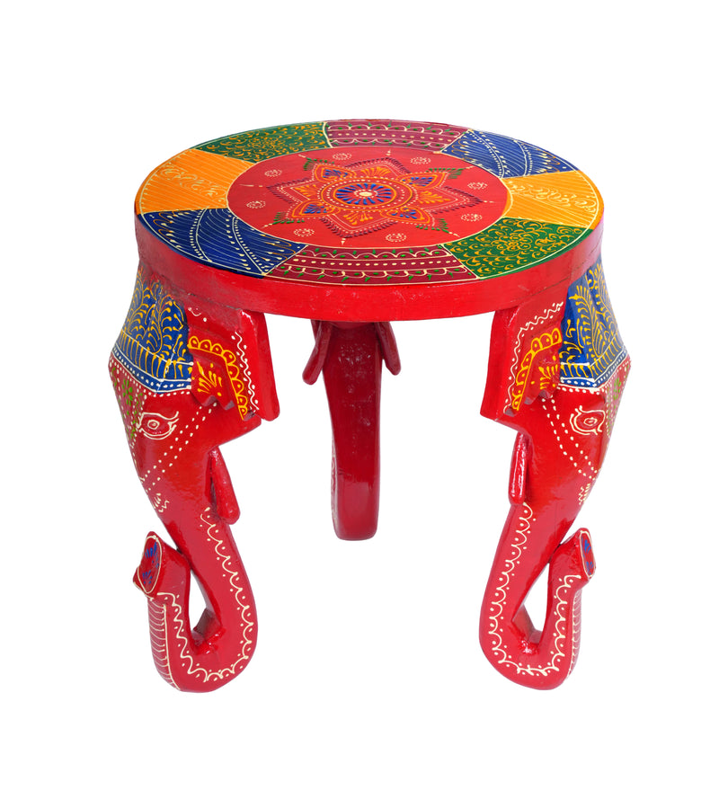 Handcrafted Wooden Elephant Stool with Vibrant Painted Top