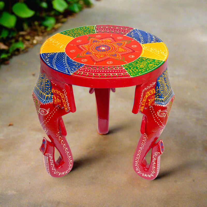 Handcrafted Wooden Elephant Stool with Vibrant Painted Top