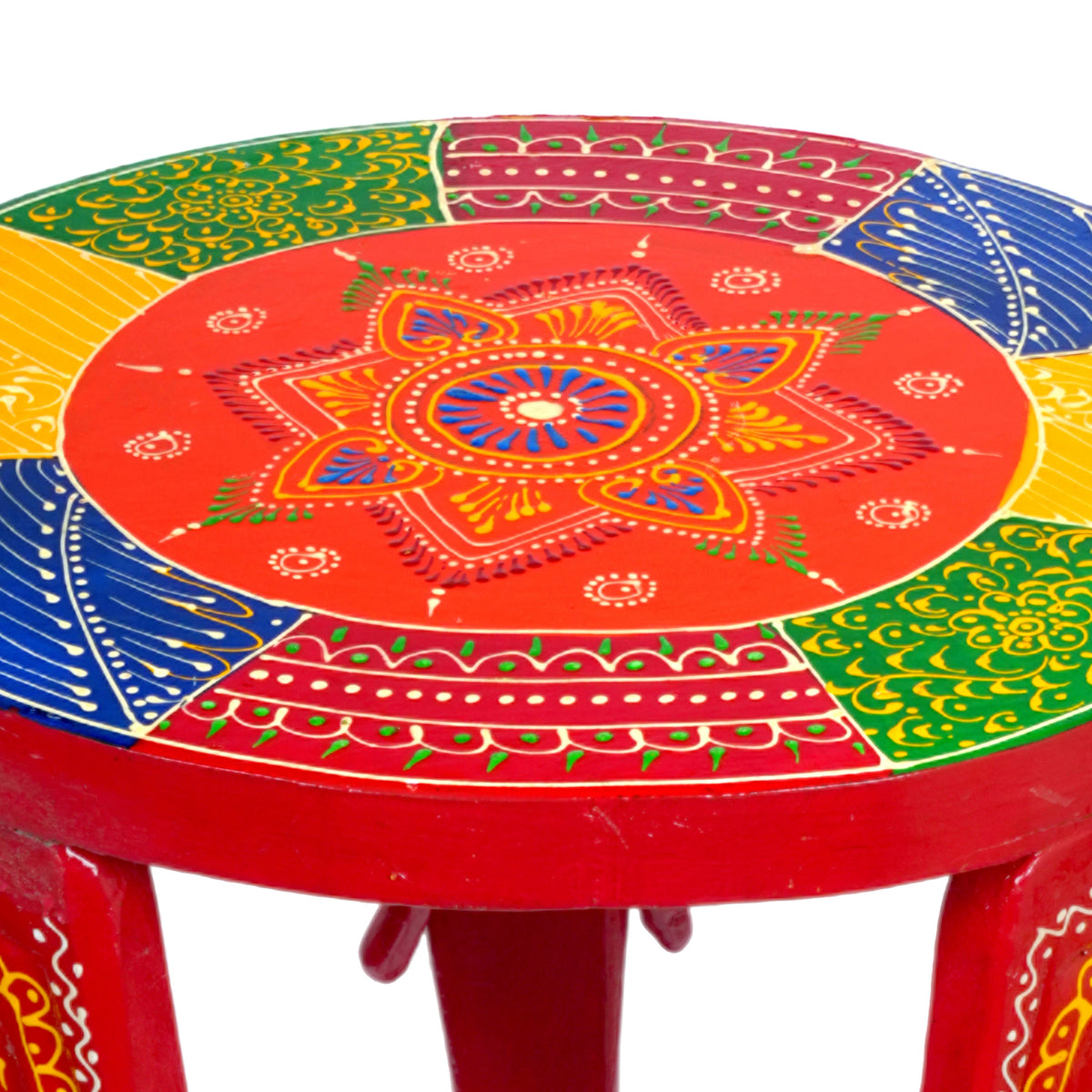 Handcrafted Wooden Elephant Stool with Vibrant Painted Top