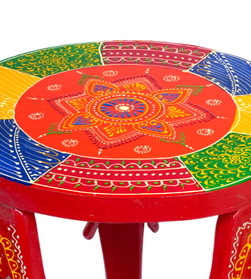 Handcrafted Wooden Elephant Stool with Vibrant Painted Top