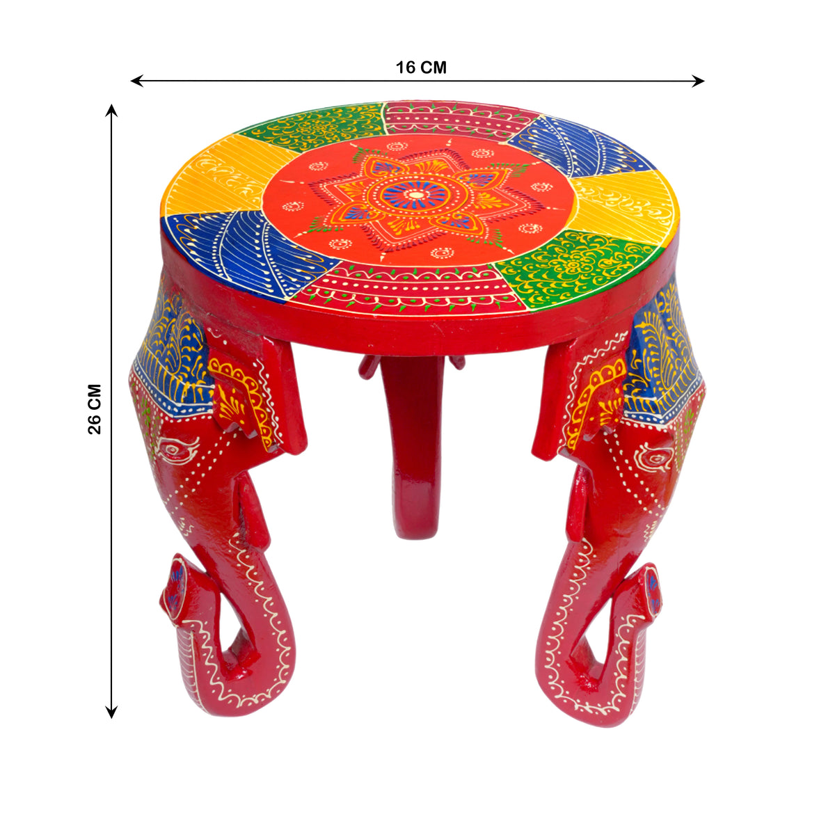 Handcrafted Wooden Elephant Stool with Vibrant Painted Top