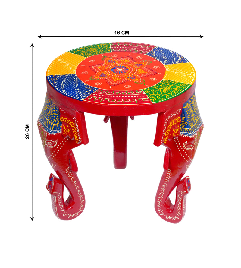 Handcrafted Wooden Elephant Stool with Vibrant Painted Top