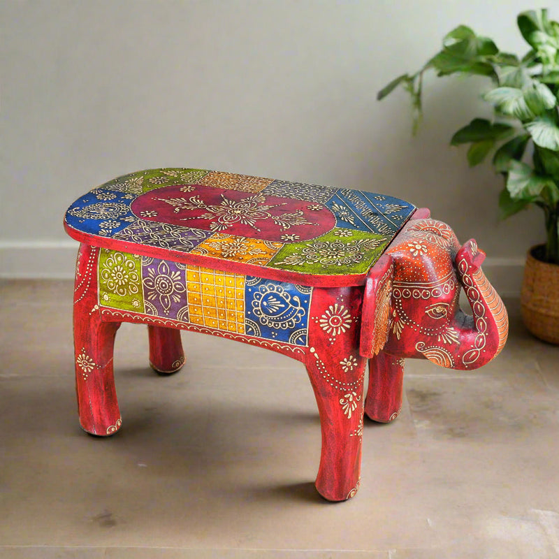 Handcrafted Elephant Stool with Colorful Design – Traditional Rajasthani Craftsmanship