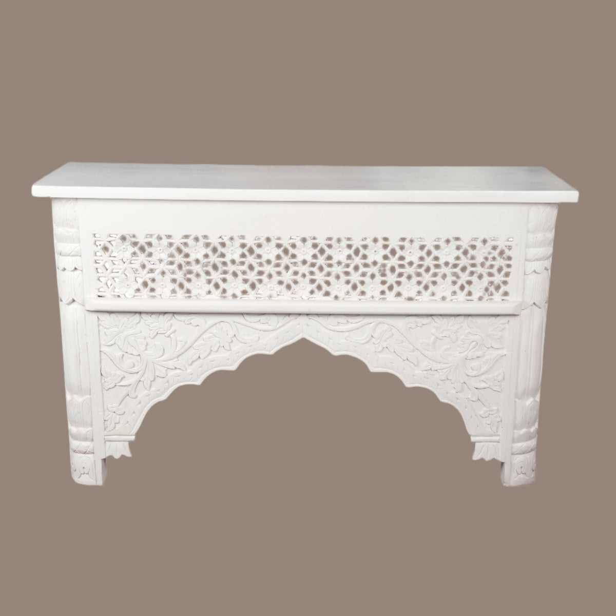 Chandani Console - Intricately Carved Wooden Console Table in White Finish