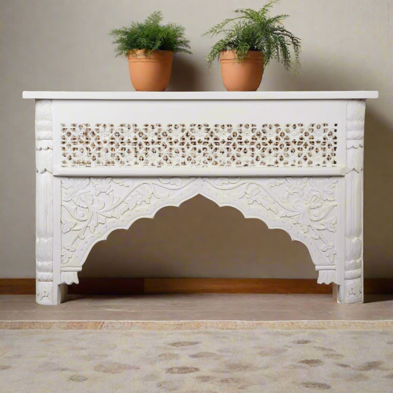 Chandani Console - Intricately Carved Wooden Console Table in White Finish