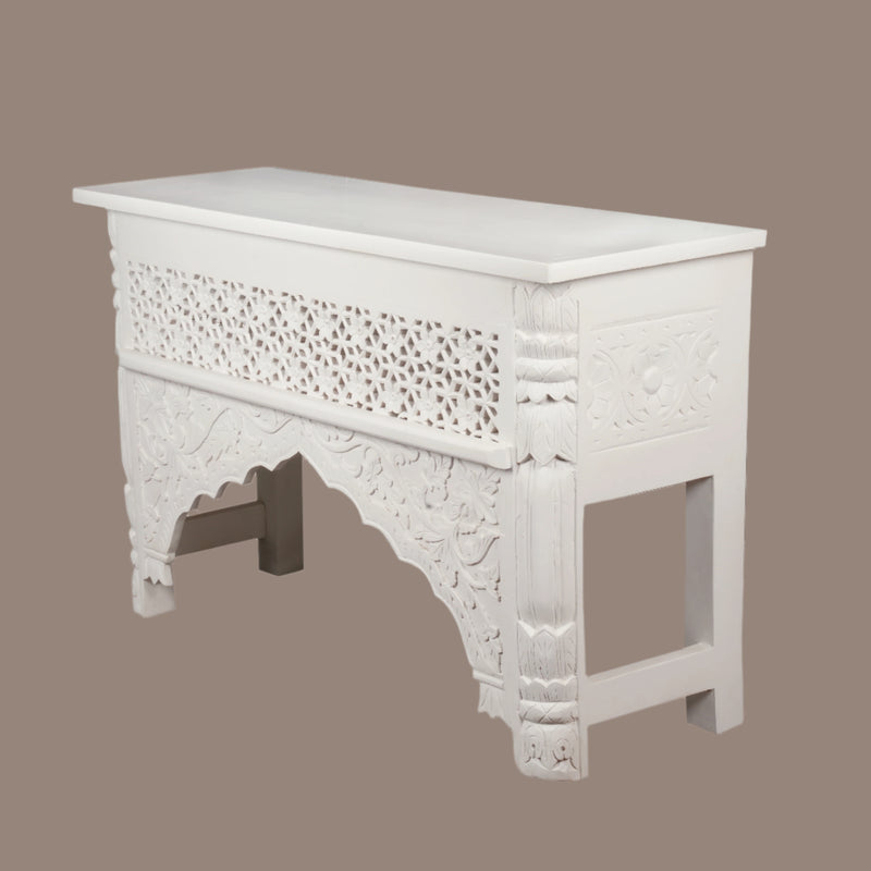 Chandani Console - Intricately Carved Wooden Console Table in White Finish