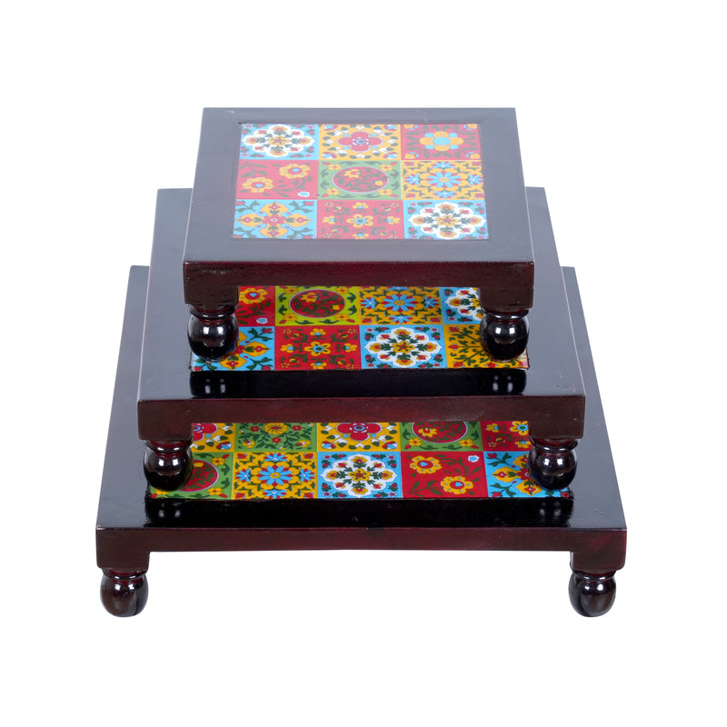 Handcrafted Wooden Tile Chowki Set - Set of 3 Nested Platforms