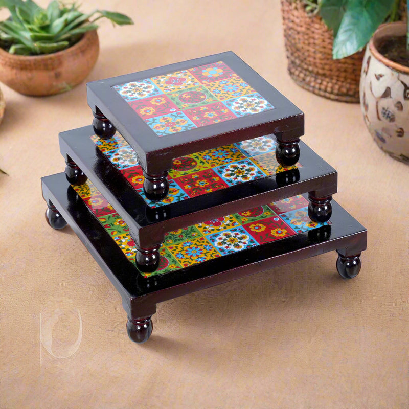Handcrafted Wooden Tile Chowki Set - Set of 3 Nested Platforms