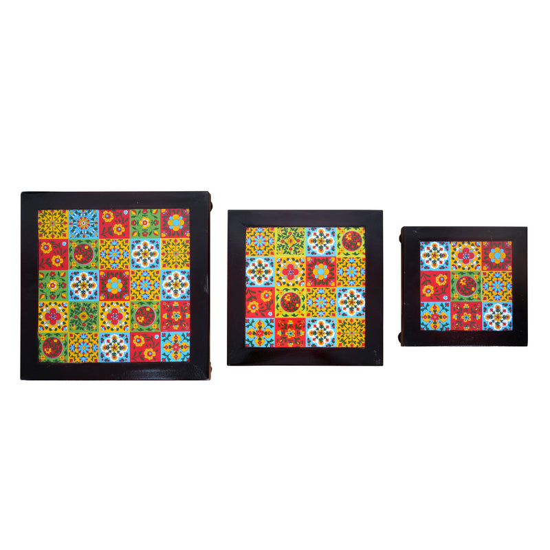 Handcrafted Wooden Tile Chowki Set - Set of 3 Nested Platforms