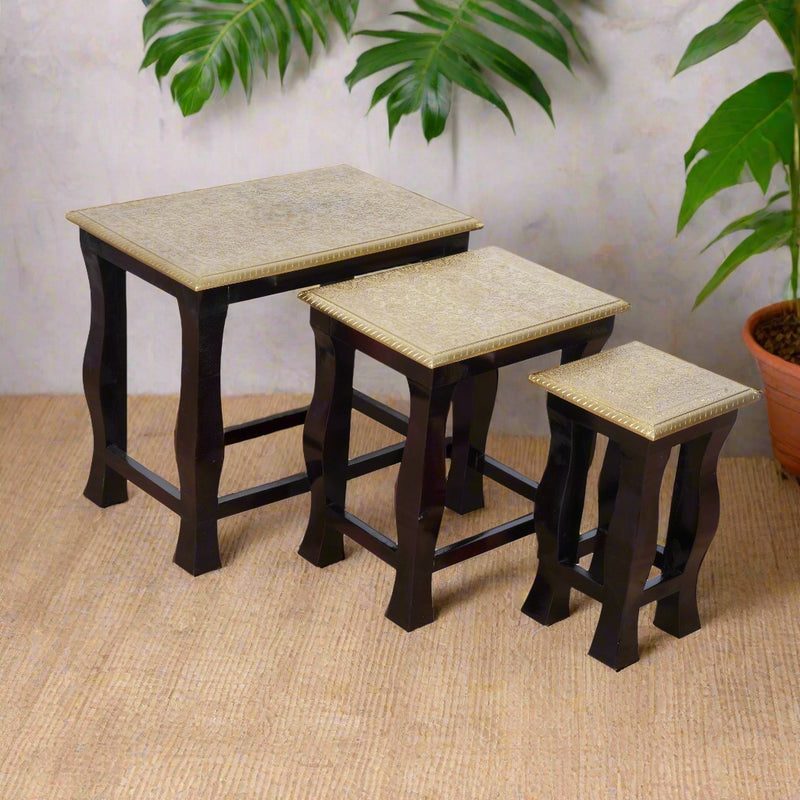 The Rajput Nest - Brass Inlay Wooden Nesting Side Table Set of 3