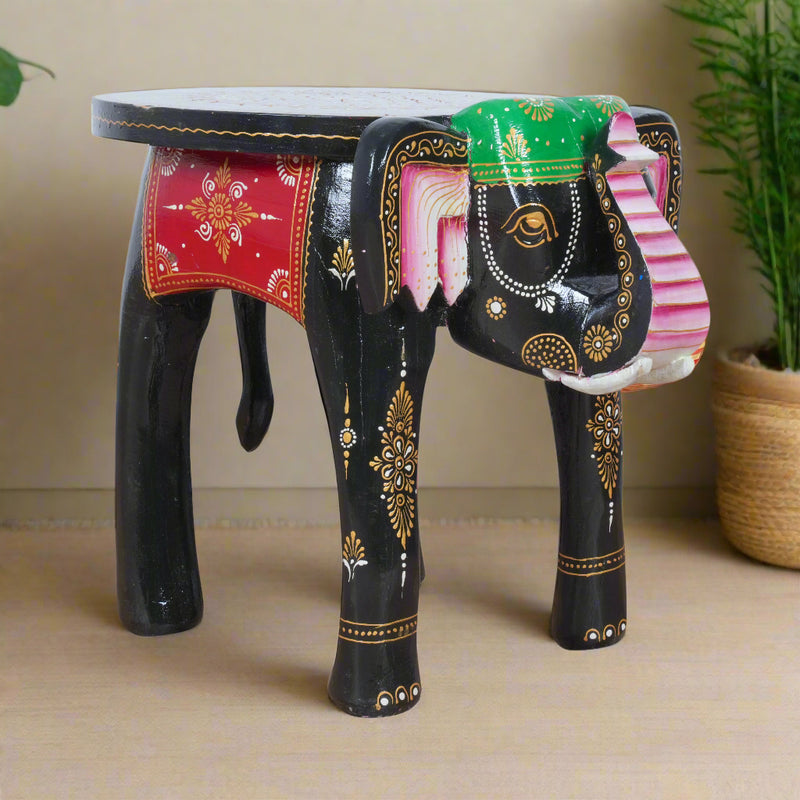Hand-Painted Wooden Elephant Stool | Accent Side Table