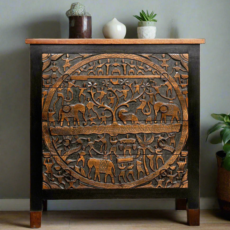 Handcrafted Rajasthani Wooden Chest Drawer– Exquisite Carved Detailing