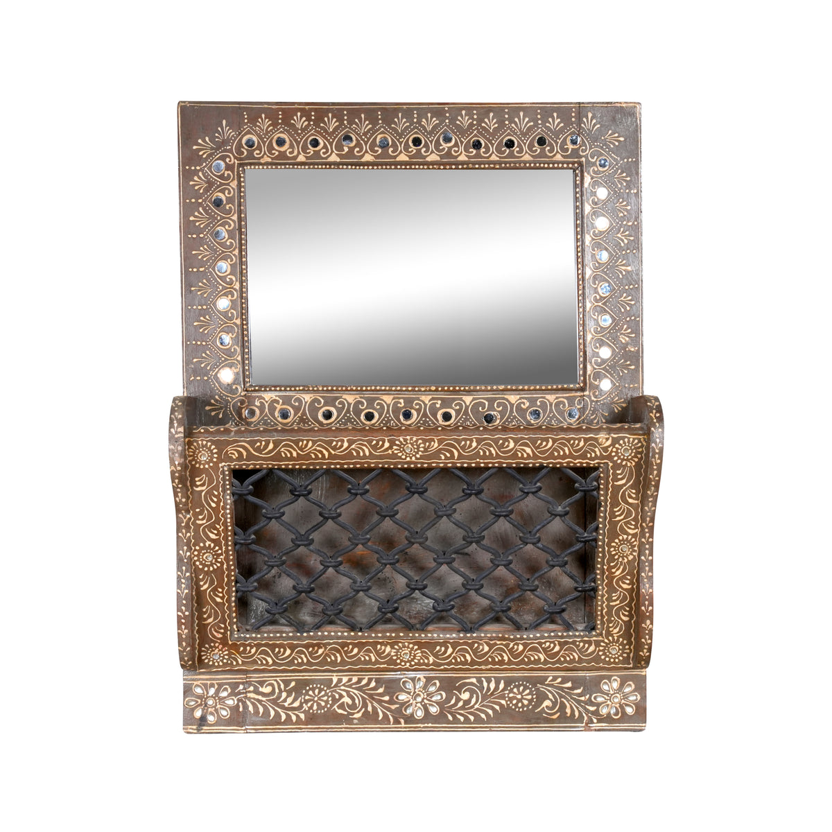 Handcrafted Rajasthani Wooden Mirror with Shelf – Ornate Detailing