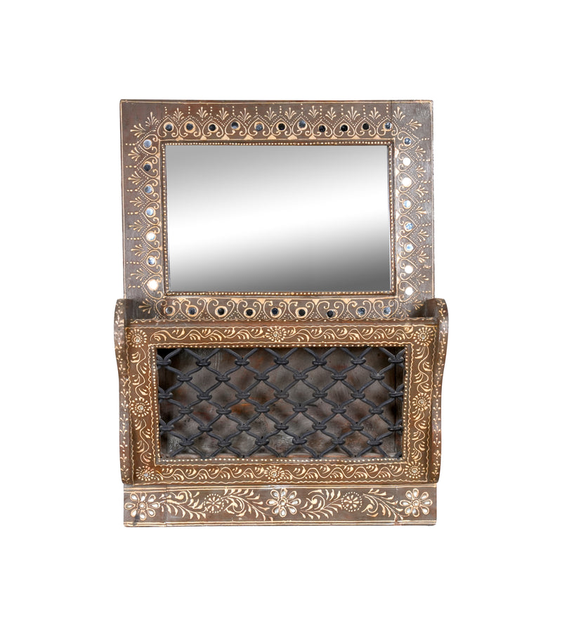 Handcrafted Rajasthani Wooden Mirror with Shelf – Ornate Detailing