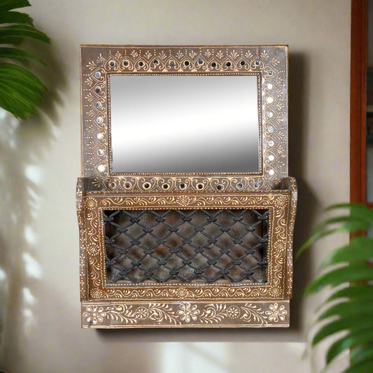 Handcrafted Rajasthani Wooden Mirror with Shelf – Ornate Detailing