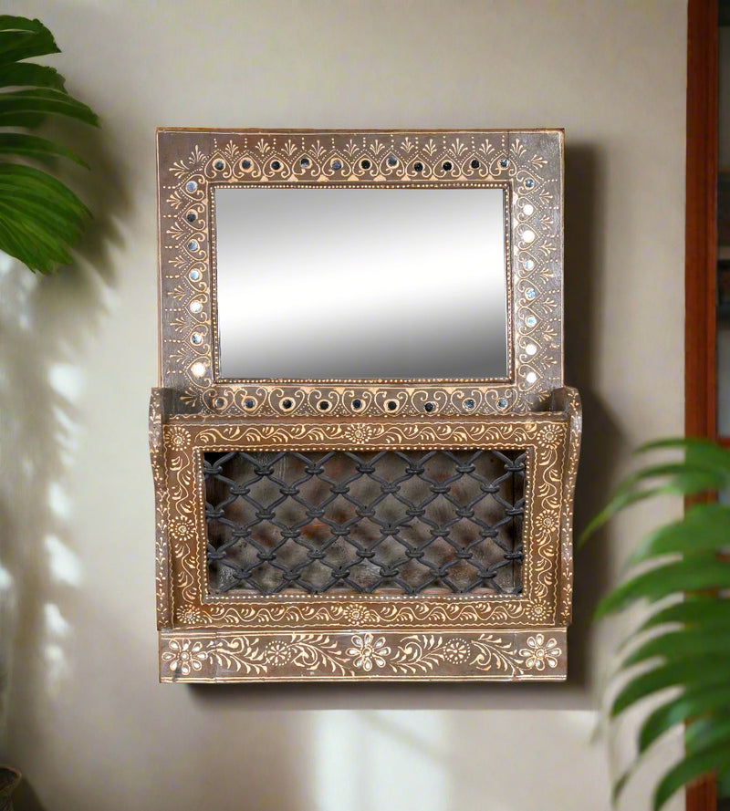 Handcrafted Rajasthani Wooden Mirror with Shelf – Ornate Detailing