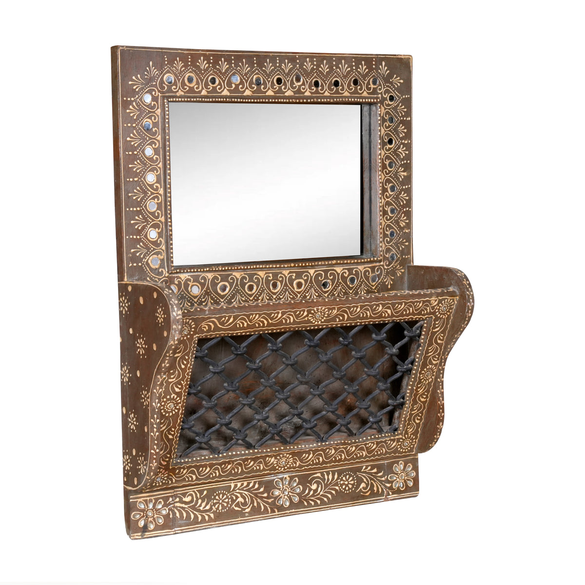 Handcrafted Rajasthani Wooden Mirror with Shelf – Ornate Detailing