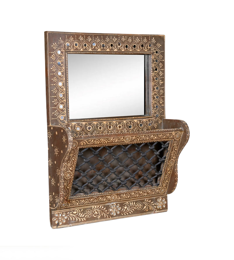 Handcrafted Rajasthani Wooden Mirror with Shelf – Ornate Detailing