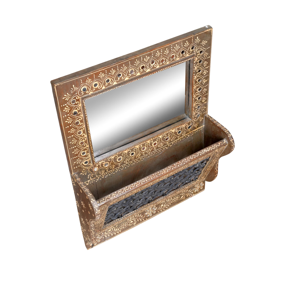 Handcrafted Rajasthani Wooden Mirror with Shelf – Ornate Detailing