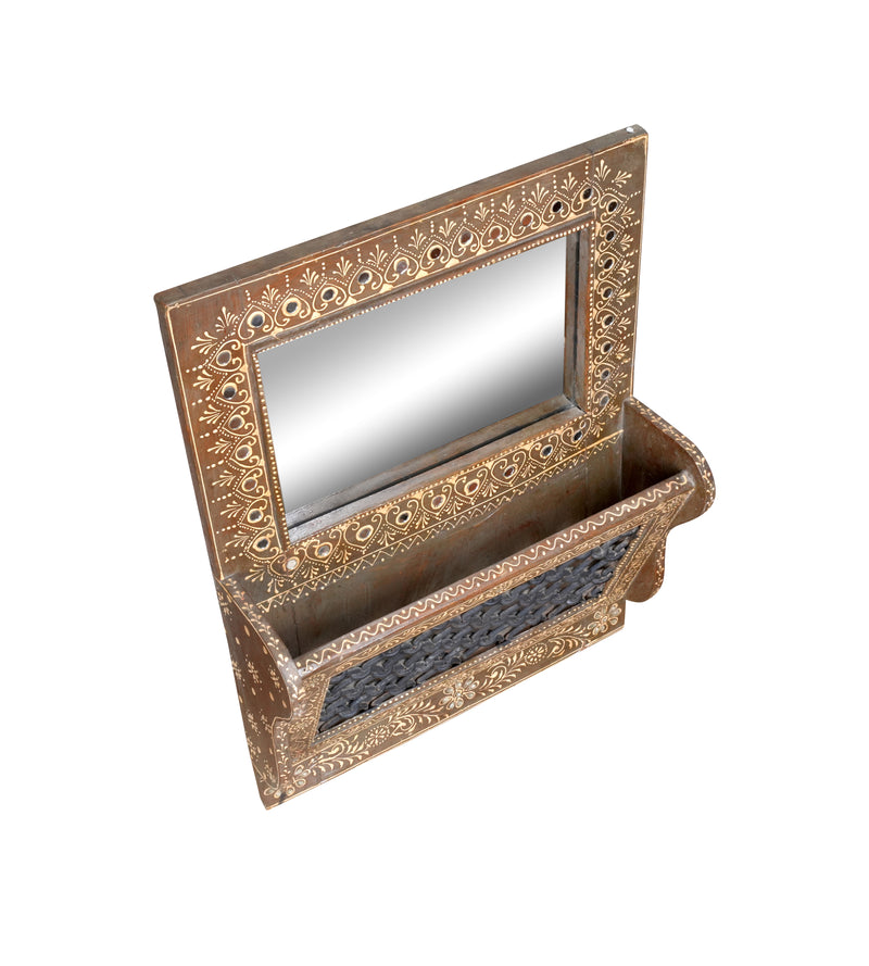 Handcrafted Rajasthani Wooden Mirror with Shelf – Ornate Detailing