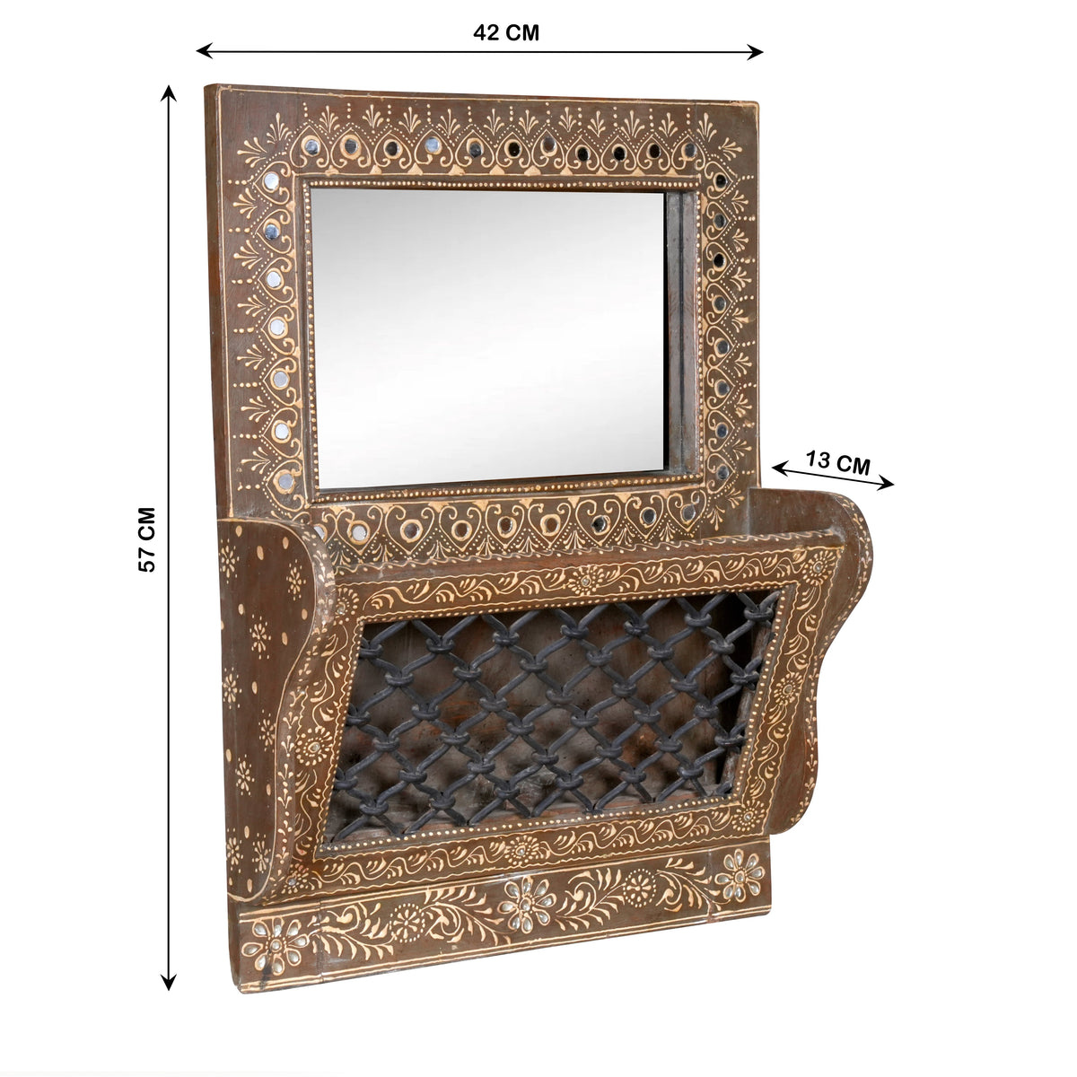 Handcrafted Rajasthani Wooden Mirror with Shelf – Ornate Detailing