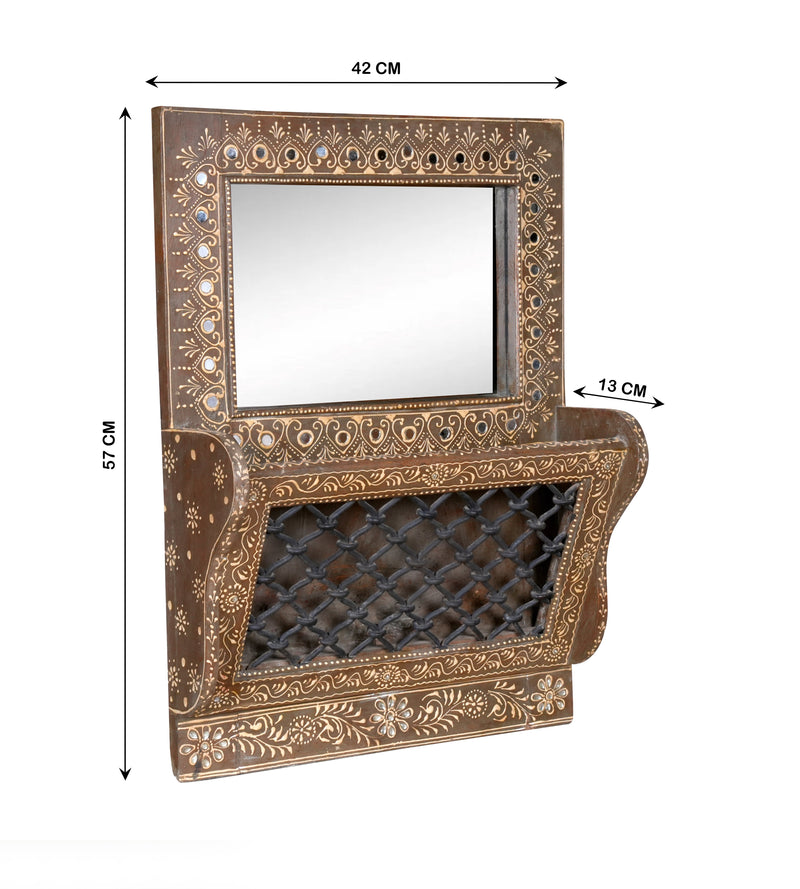Handcrafted Rajasthani Wooden Mirror with Shelf – Ornate Detailing