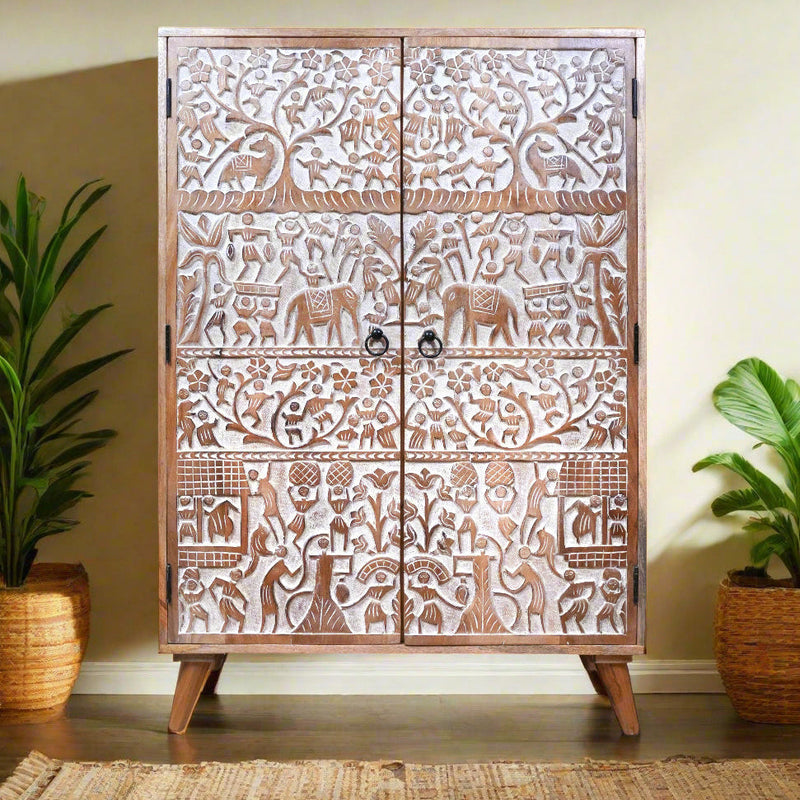 Handcrafted Rajasthani Wooden Storage Cabinet – Exquisite Carved Detailing