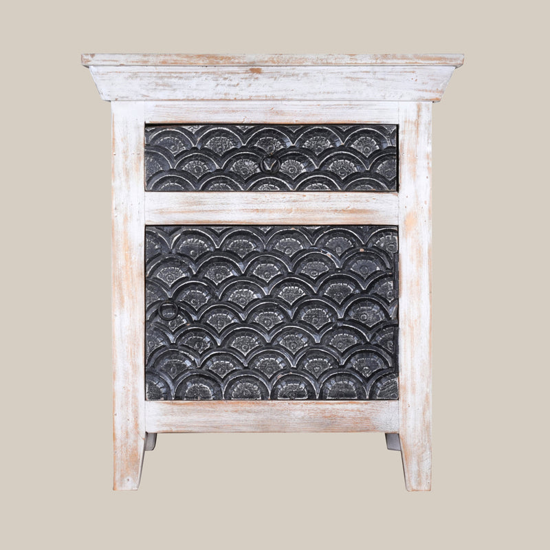 Handcrafted Wooden Bedside Table with Decorative Metal Panel - Rustic Charm