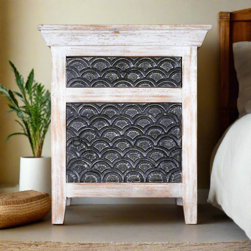 Handcrafted Wooden Bedside Table with Decorative Metal Panel - Rustic Charm