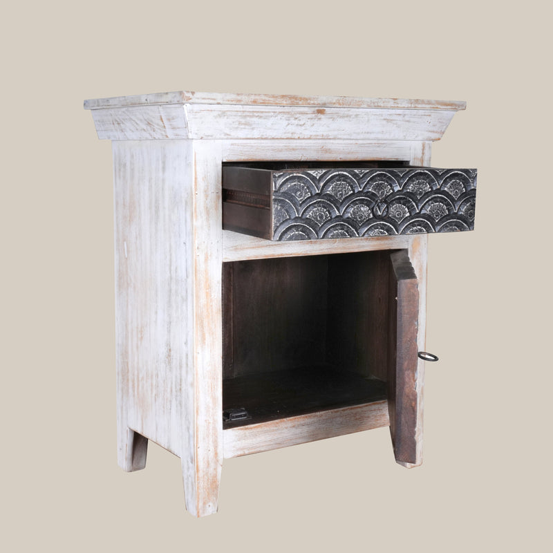 Handcrafted Wooden Bedside Table with Decorative Metal Panel - Rustic Charm