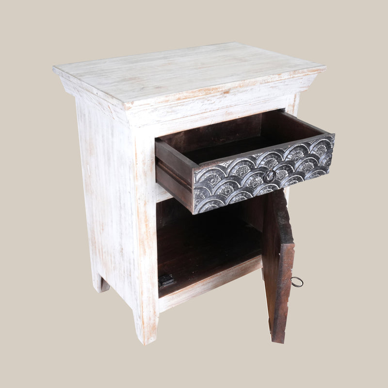 Handcrafted Wooden Bedside Table with Decorative Metal Panel - Rustic Charm